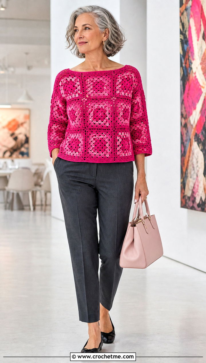 Boat Neck Granny Square Top With Cigarette Pants - 35 granny squares top outfit ideas