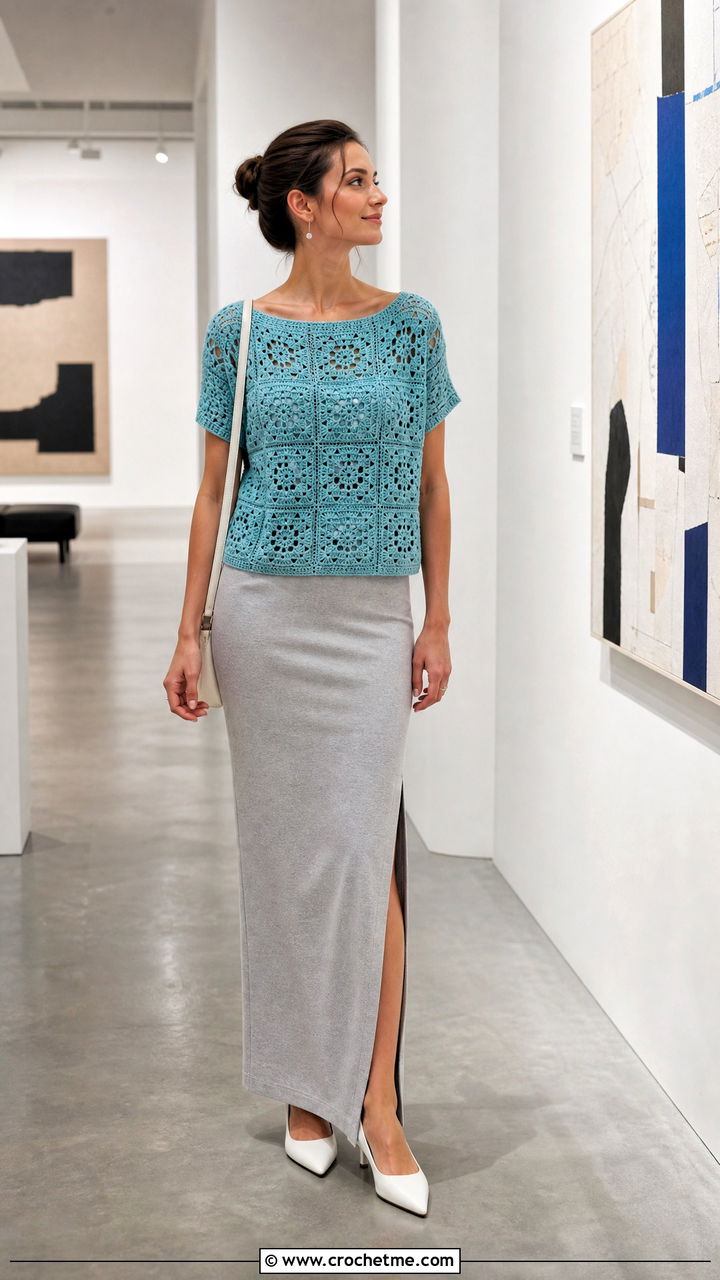 Boat Neck Granny Square Top With Column Skirt - 35 granny square tops outfit ideas