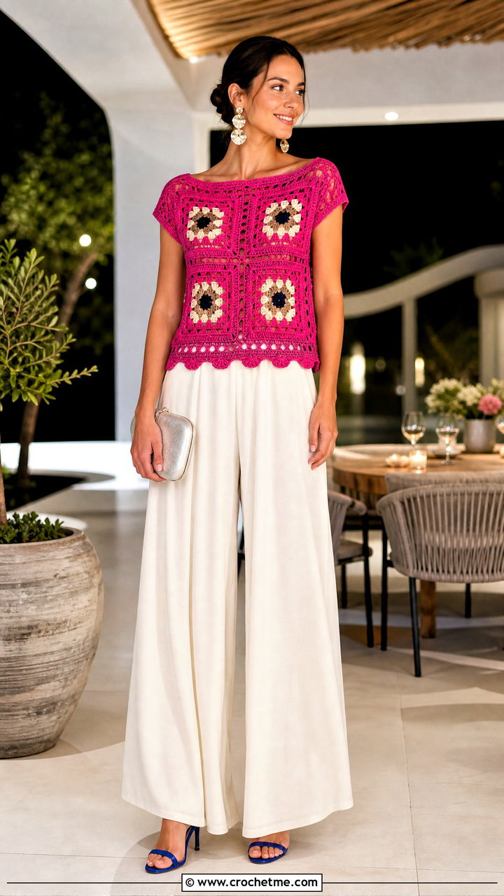 Boat Neck Granny Square Top With Palazzo Pants - 35 granny square summer top outfit ideas