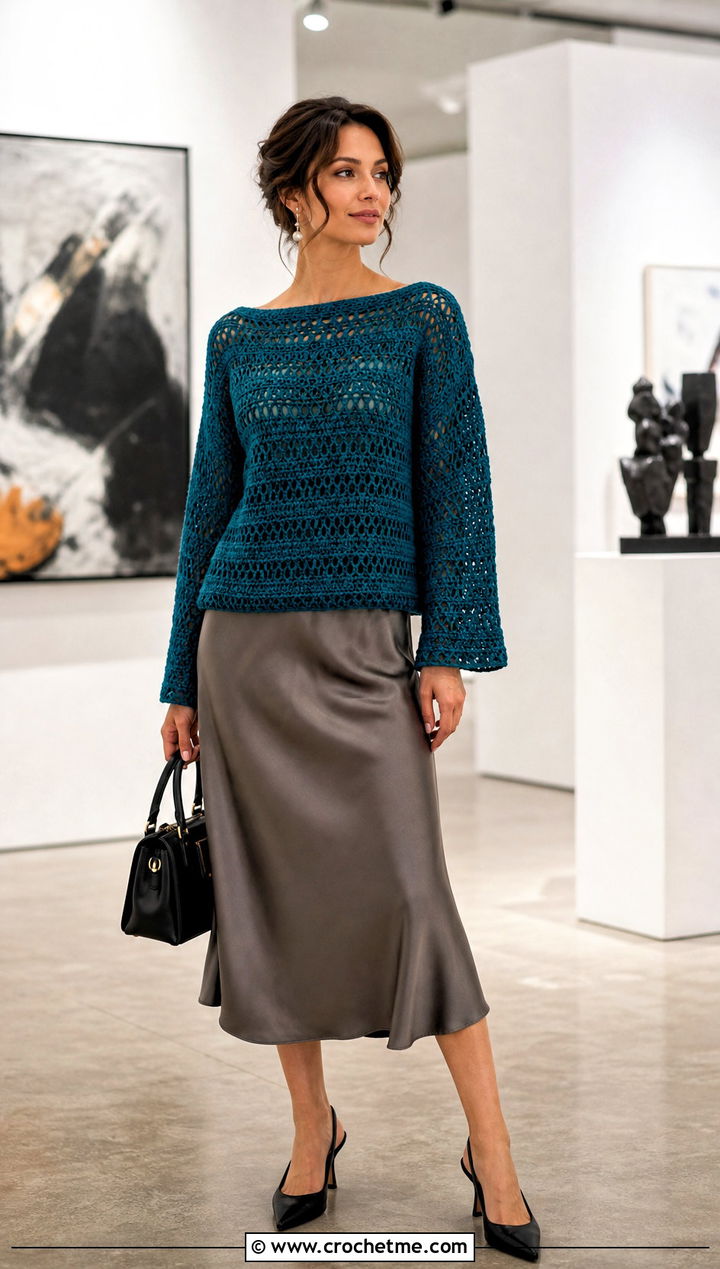 Boat Neck Granny Stripe Crochet Sweater With Satin Midi Skirt - 25 Granny Stripe Crochet Sweater outfit ideas