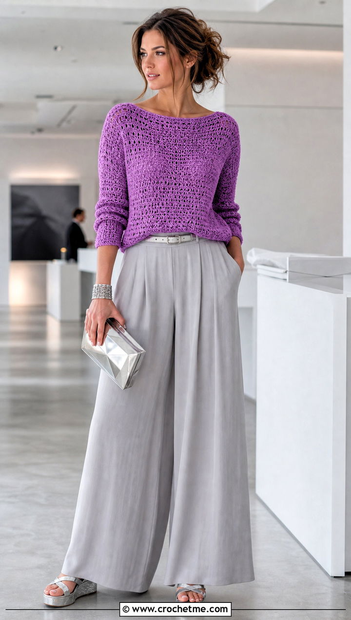 Boat Neck Half Double Crochet Sweater With Palazzo Pants - 30 half double crochet sweater outfit ideas