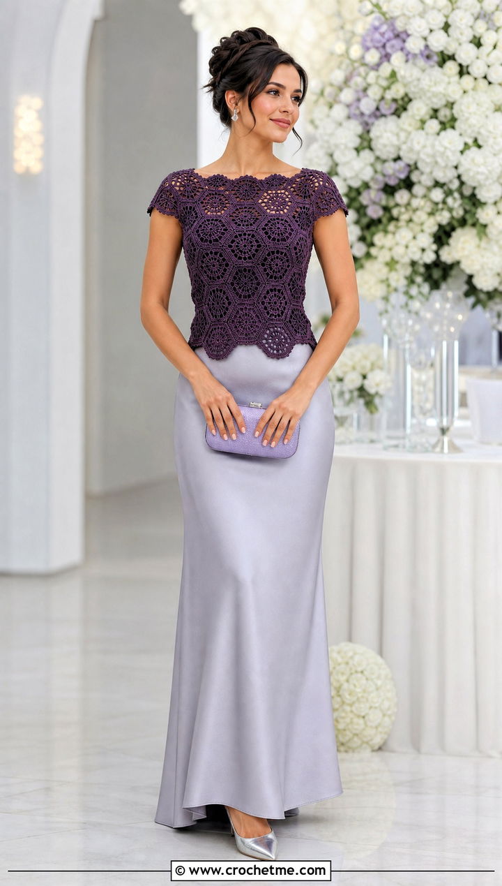 Boat Neck Hexagon Top With Bias Cut Maxi Skirt - 35 crochet hexagon top outfit ideas