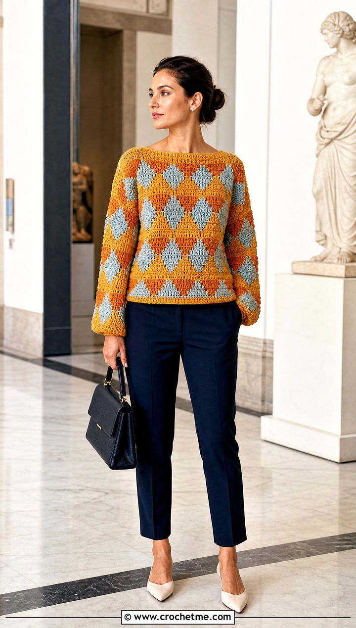 Boat Neck Howls Crochet Sweater With Cigarette Pants - 25 Howls Crochet Sweater outfit ideas