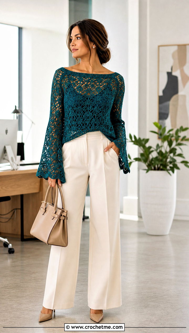 Boat Neck Lace Crochet Bell Sleeve Sweater With Tailored Trousers - 25 crochet bell sleeve sweater outfit ideas