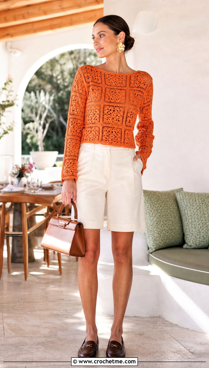 Boat Neck Lace Granny Square Long Sleeve Top With Bermuda Shorts - 20 Granny Square Long Sleeve Top outfit ideas