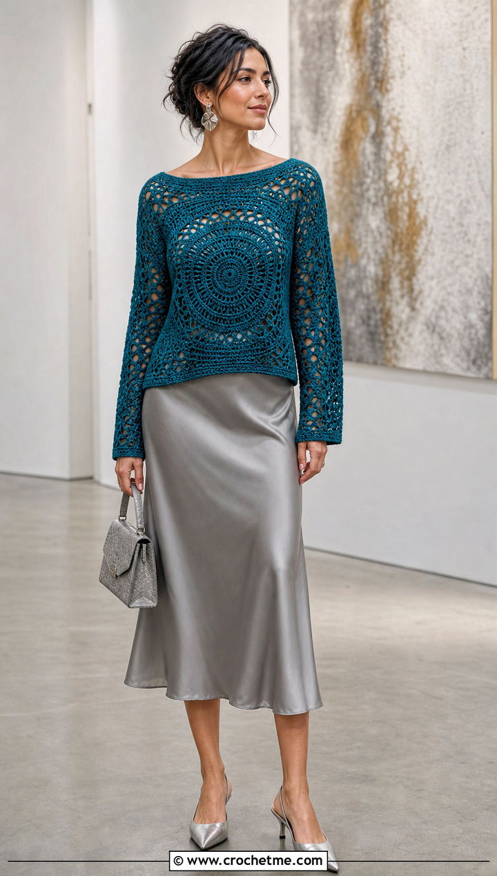 Boat Neck Mandala Crochet Sweater With Satin Midi Skirt - 25 Mandala Crochet Sweater outfit ideas