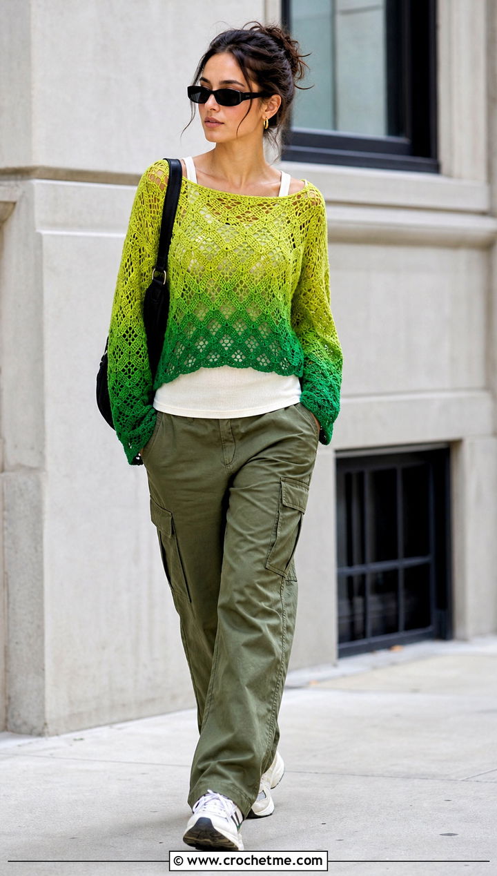 Boat Neck Mandala Ombre Crochet Sweater With Cargo Pants - 15 mandala ombre crochet sweater outfit ideas
