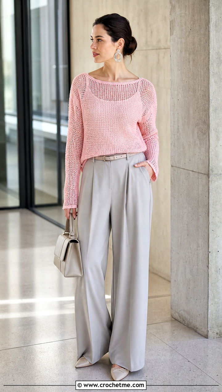 Boat Neck Mesh Top With Pleated Trousers - 15 Crochet Long Sleeve Mesh Top outfit ideas