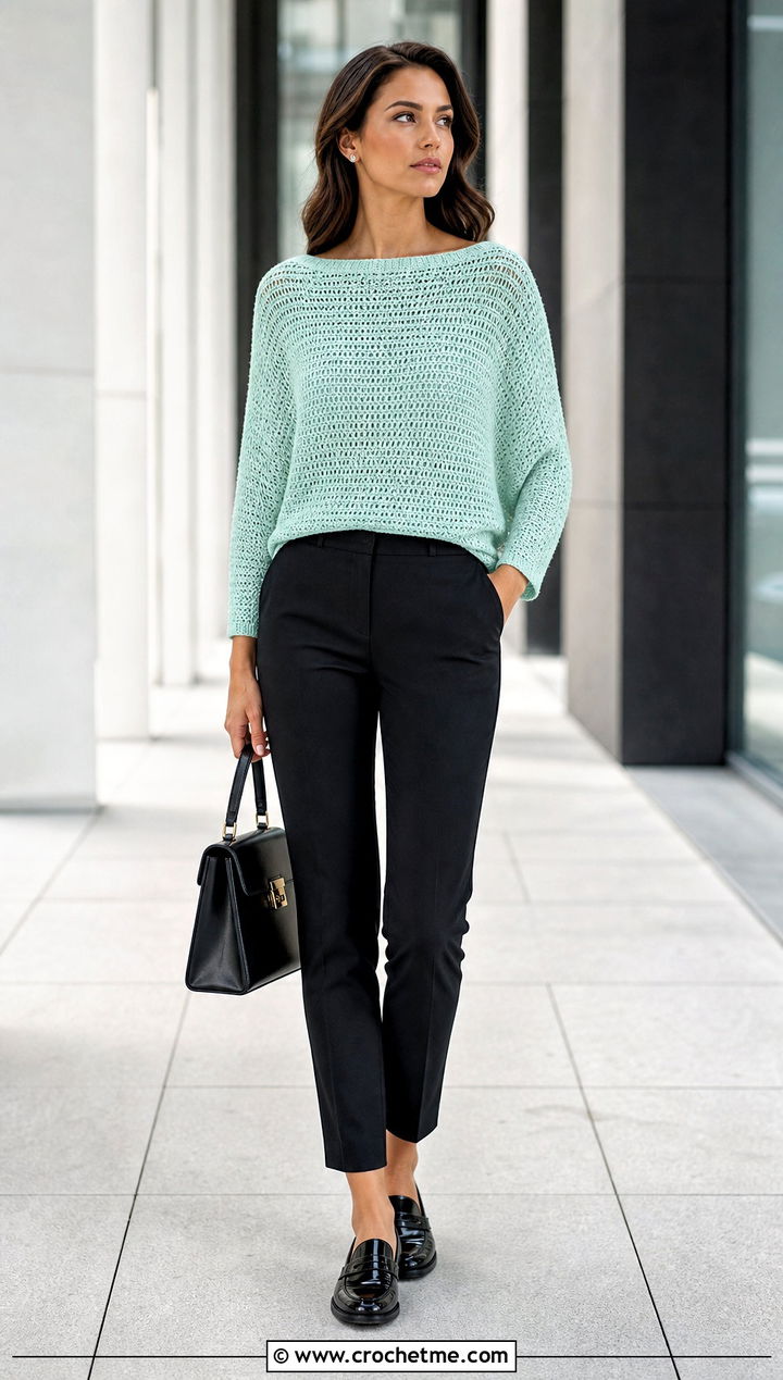 Boat Neck One Panel Crochet Sweater With Cigarette Pants - 30 One Panel Crochet Sweater outfit ideas
