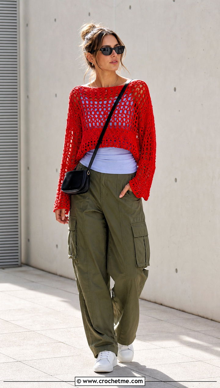 Boat Neck Open Stitch Crochet Top With Cargo Pants - 30 crochet beach cover up top outfit ideas