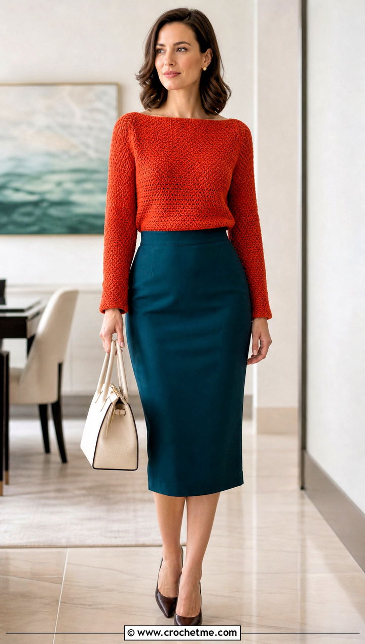 Boat Neck Orange Crochet Sweater With Pencil Skirt - 15 orange crochet sweater design outfit ideas