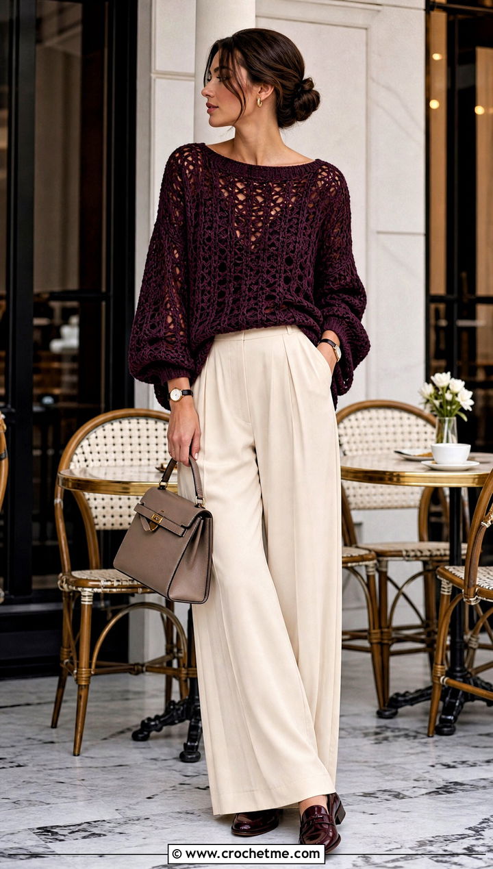 Boat Neck Oversize Crochet Sweater With Pleated Trousers - 15 Oversize Crochet Sweater outfit ideas