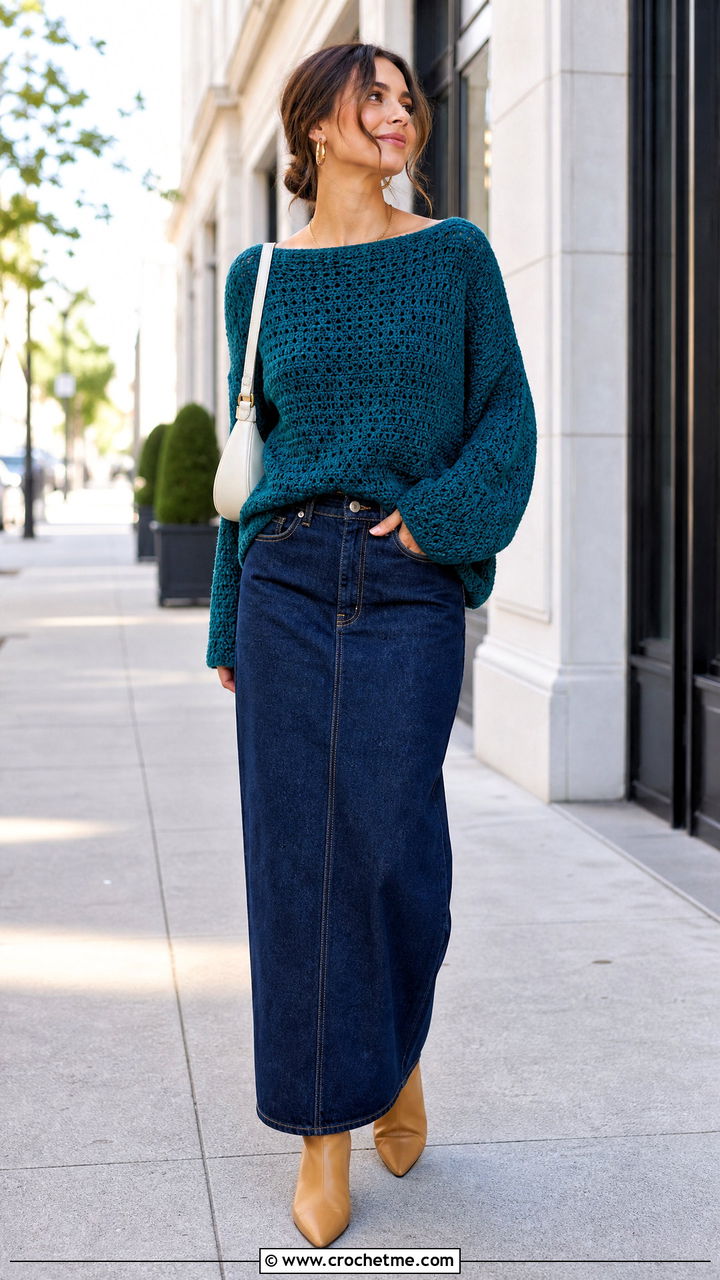 Boat Neck Oversized Crochet Sweater With Denim Maxi Skirt - 35 oversized crochet sweater outfit ideas