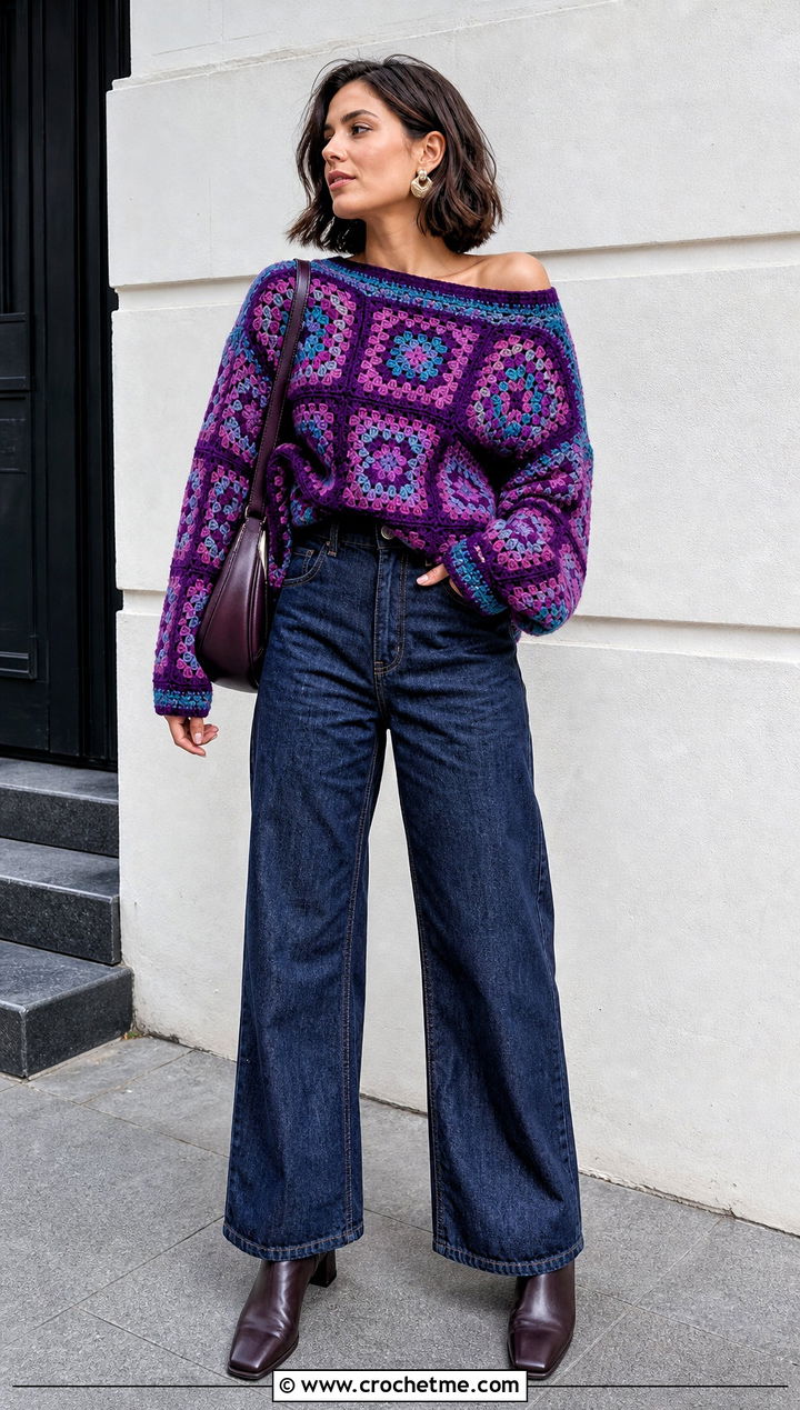 Boat Neck Oversized Granny Square Sweater With Wide Leg Jeans - 30 oversized granny square sweater outfit ideas