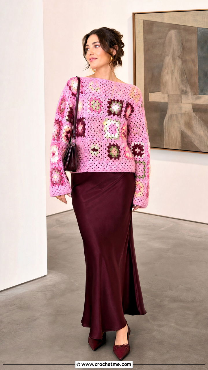 Boat Neck Patchwork Granny Square Jumper With Bias Maxi Skirt - 35 crochet granny square jumper outfit ideas