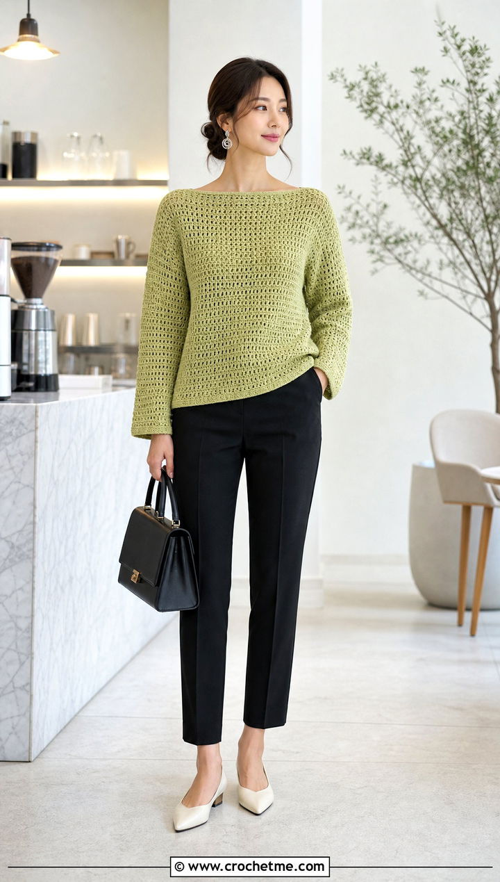 Boat Neck Pullover Crochet Sweater With Cigarette Pants - 30 Pullover Crochet Sweater outfit ideas