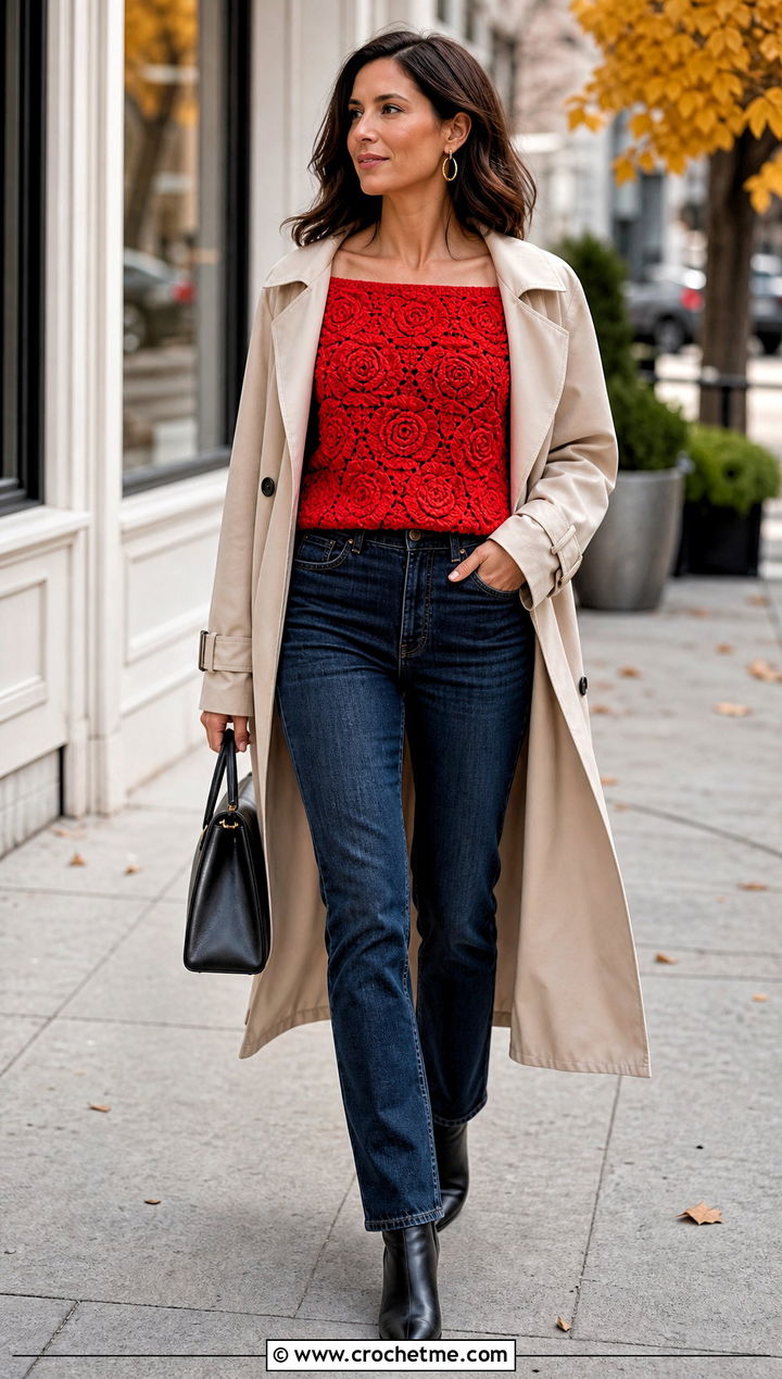Boat Neck Rosette Crochet Blouse With Dark Wash Jeans - 15 floral crochet blouse style outfit ideas