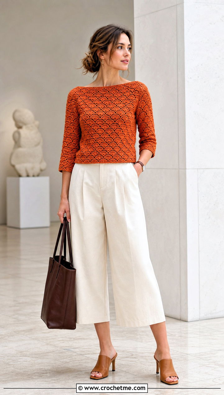Boat Neck Seashell Crochet Top With Culottes - 35 crochet seashell top outfit ideas