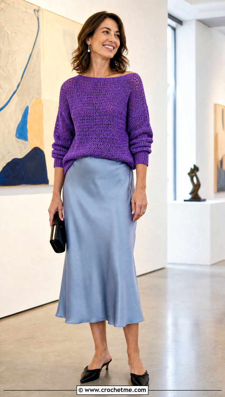 Boat Neck Slouchy Crochet Sweater With Satin Midi Skirt - 25 slouchy crochet sweater outfit ideas