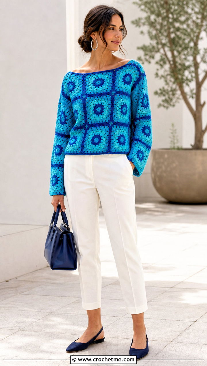 Boat Neck Square Jumper With Cropped Trousers - 30 crochet square jumper outfit ideas