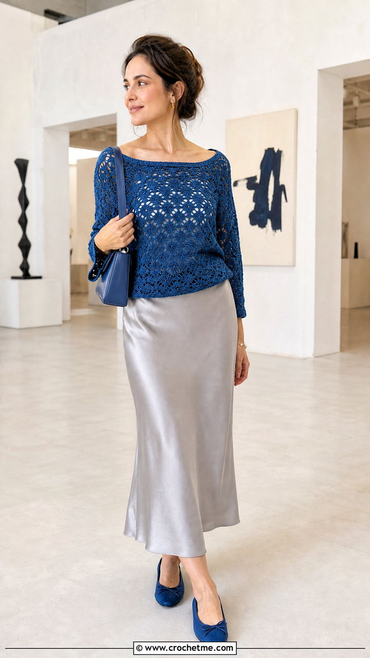Boat Neck Star Sweater With Bias Midi Skirt - 35 crochet star sweater outfit ideas