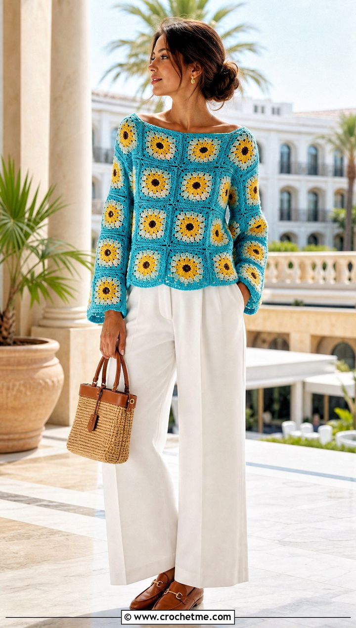 Boat Neck Sunflower Granny Square Pullover Sweater With White Trousers - 15 Sunflower Granny Square Pullover Sweater outfit ideas