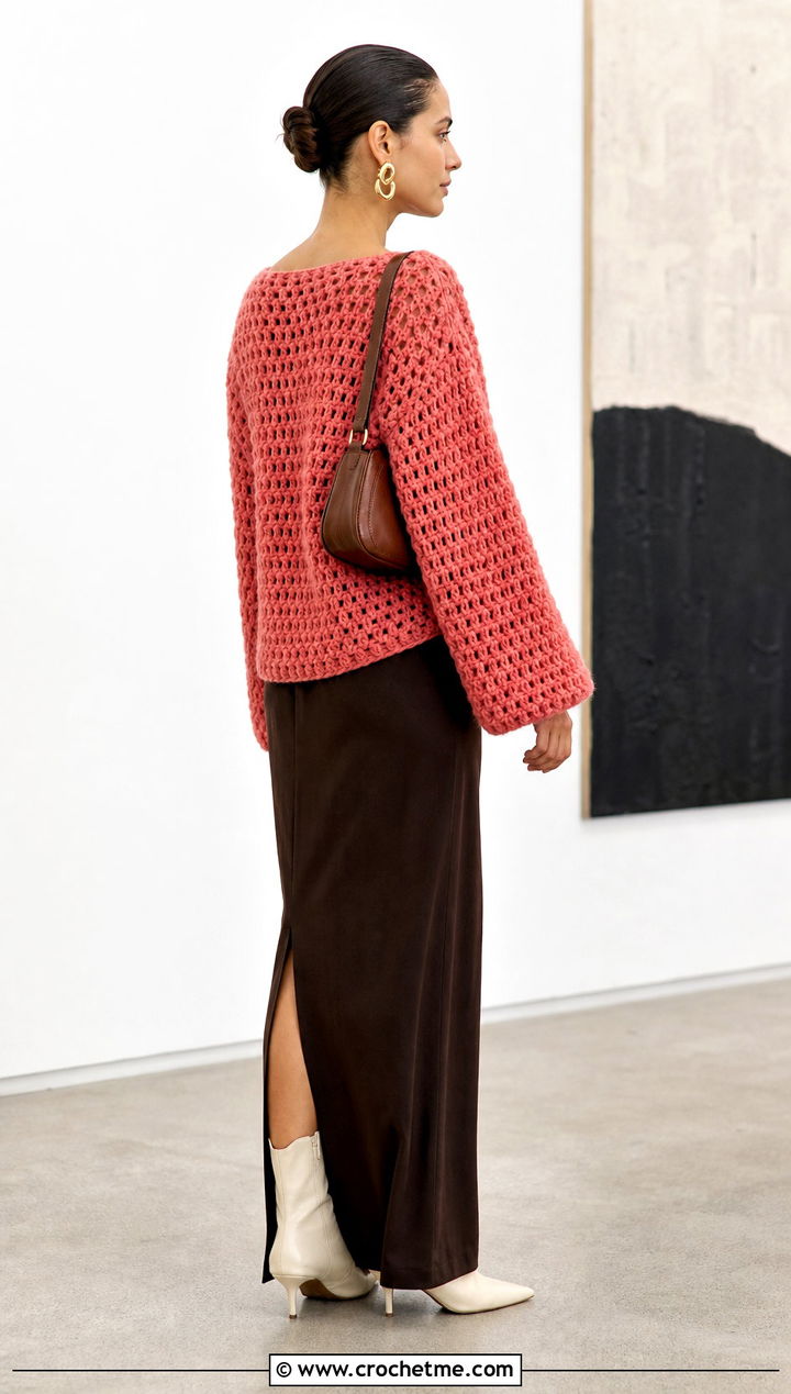 Boat Neck Super Bulky Crochet Sweater With Column Maxi Skirt - 25 Super Bulky Crochet Sweater outfit ideas