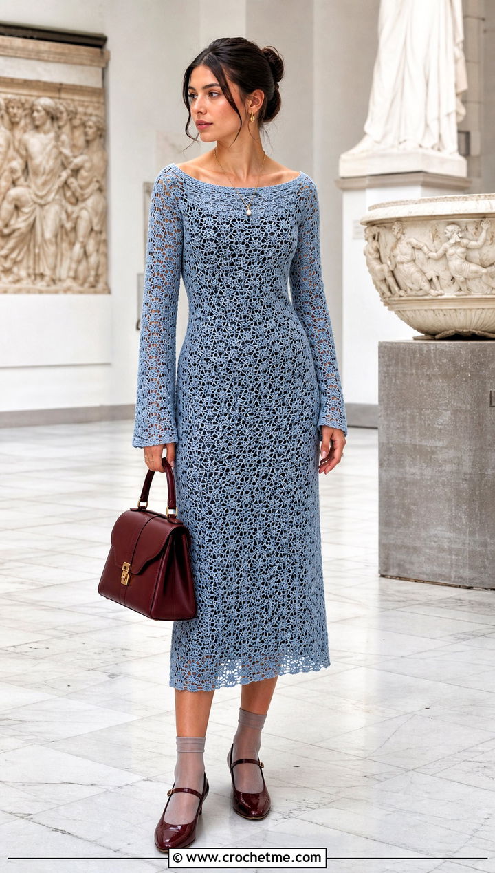 Boat Neck Taylor Crochet Dress With Mary Jane Shoes - 30 Taylor Crochet Dress outfit ideas