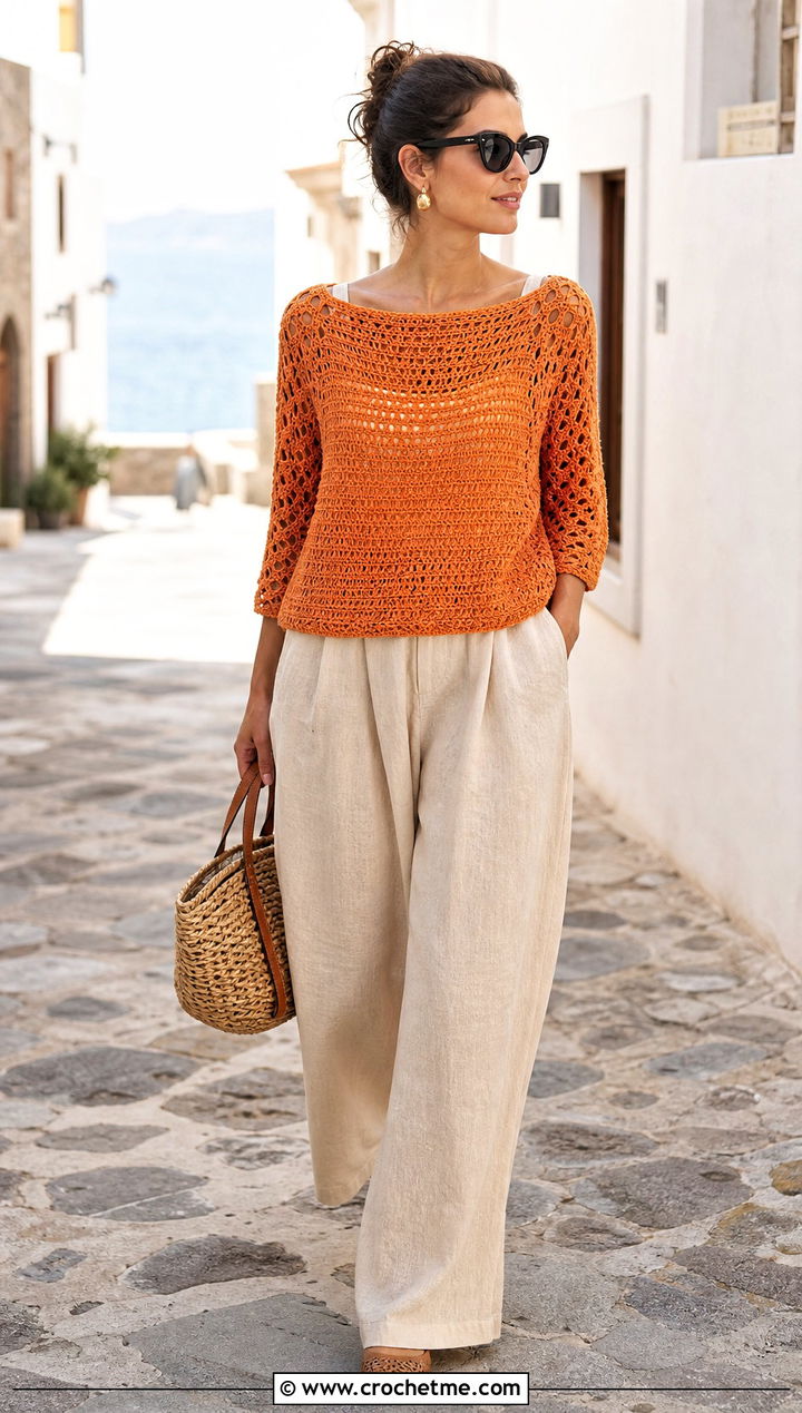 Boat Neck Thread Crochet Top With Linen Pants - 15 Thread Crochet Tops outfit ideas