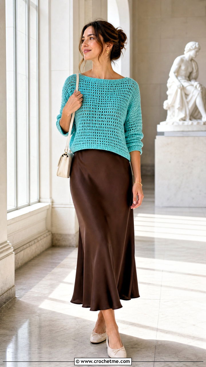 Boat Neck Top Down Crochet Sweater With Slip Skirt - 35 top down crochet sweater outfit ideas