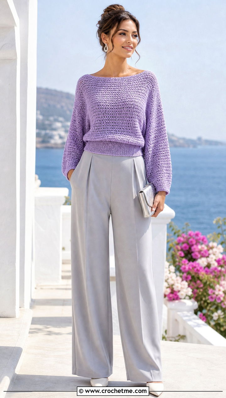 Boat Neck Tunisian Crochet Jumper With Palazzo Pants - 30 tunisian crochet jumper outfit ideas