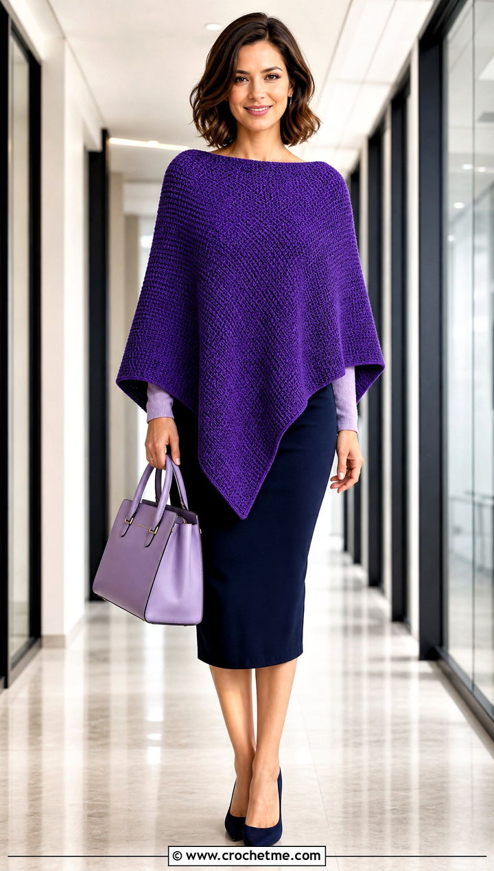 Boat Neck Tunisian Poncho With A Pencil Skirt - 30 tunisian crochet poncho outfit ideas