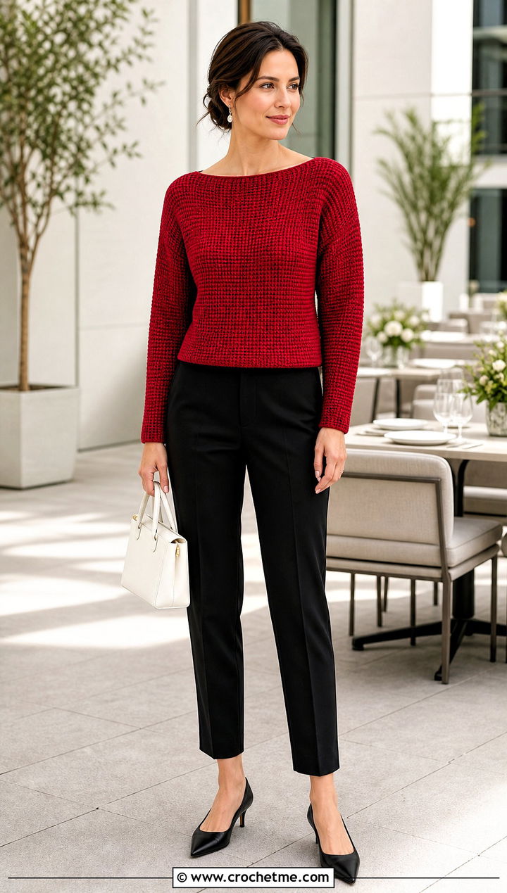 Boat Neck Tunisian Sweater With Cigarette Pants - 35 tunisian crochet sweater outfit ideas