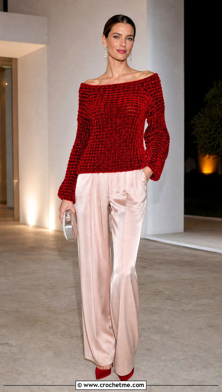 Boat Neck Velvet Crochet Sweater With Satin Pants - 30 velvet crochet sweater outfit ideas