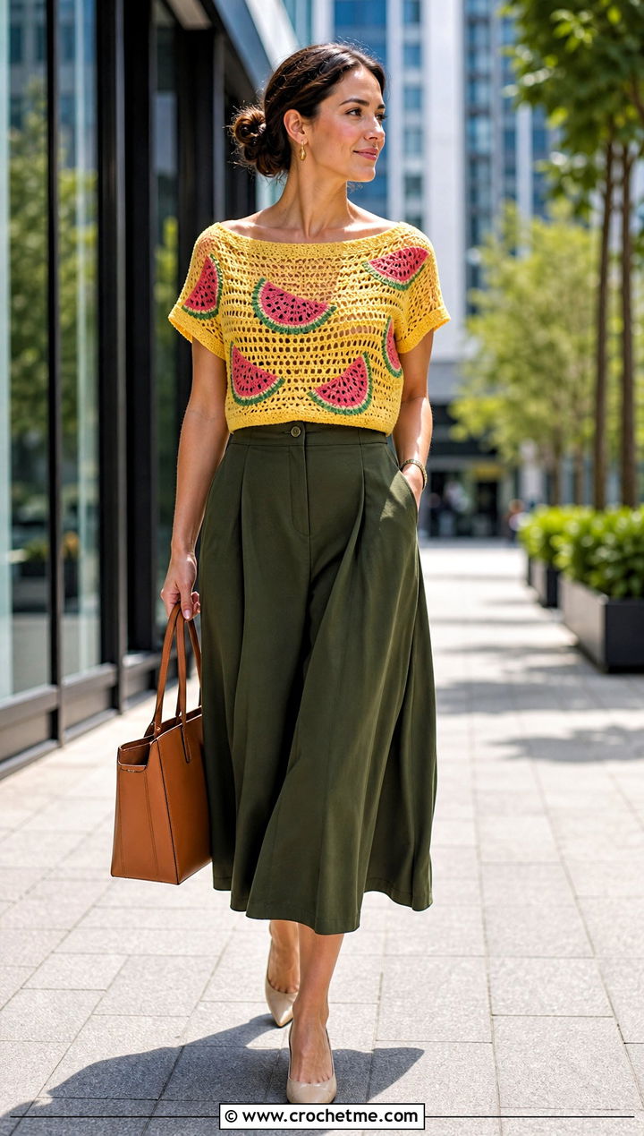 Boat Neck Watermelon Crochet Top With Wide Leg Culottes - 30 watermelon crochet top outfit ideas