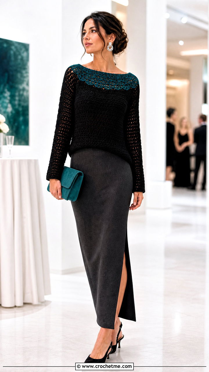 Boatneck Black Crochet Sweater With Column Skirt - 35 black crochet sweater outfit ideas