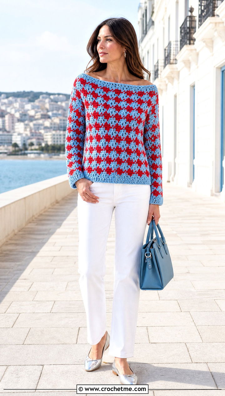 Boatneck Crochet Houndstooth Sweater With White Jeans - 35 crochet houndstooth sweater outfit ideas