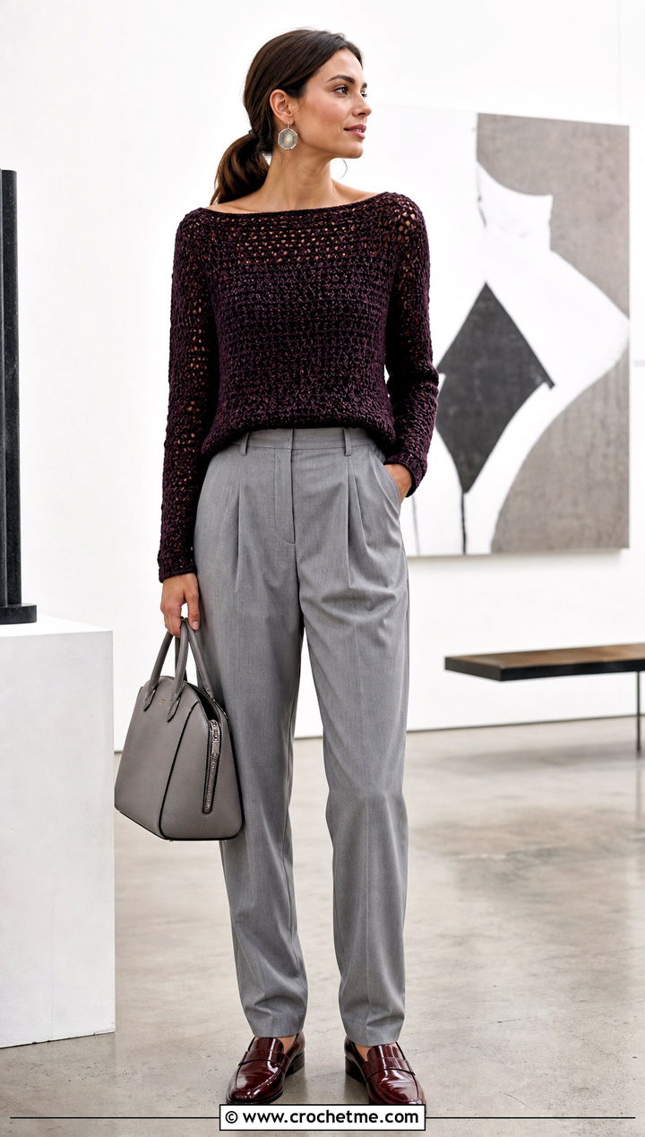 Boatneck Crochet Knit Sweater With Pleated Trousers - 35 Crochet Knit Sweater outfit ideas