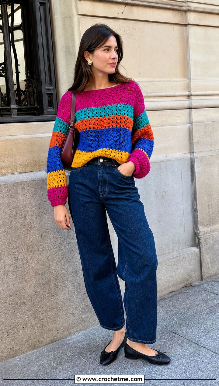 Boatneck Crochet Rainbow Sweater With Barrel Leg Jeans - 20 Crochet Rainbow Sweater outfit ideas