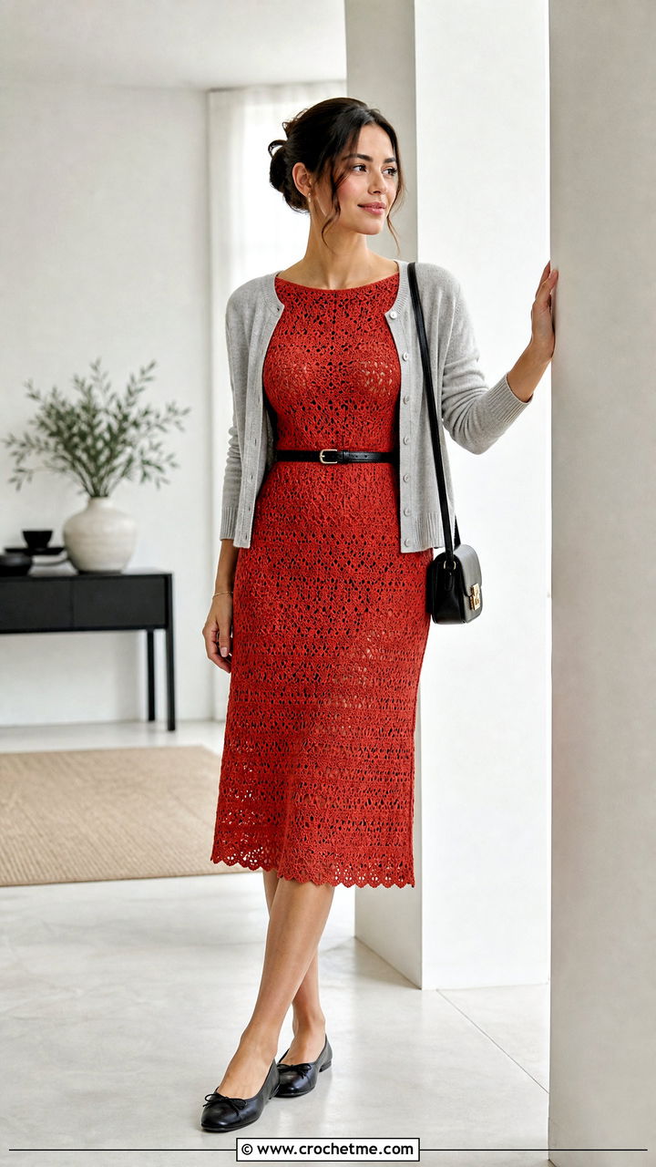 Boatneck Crochet Sweater Dress With Ballet Flats - 35 crochet sweater dress outfit ideas
