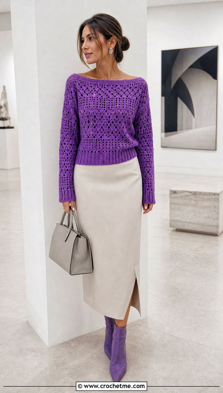 Boatneck Crochet Sweater With Column Skirt - 35 simple crochet sweater outfit ideas