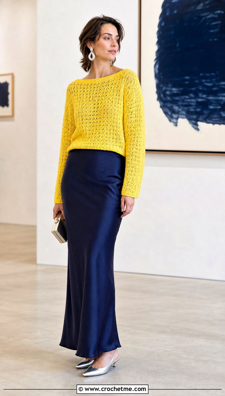 Boatneck Crochet Sweater With Satin Column Skirt - 35 diy crochet sweater outfit ideas