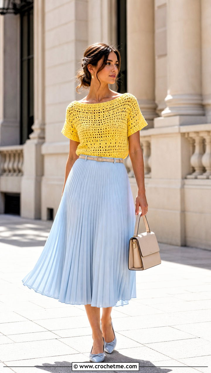 Boatneck Crochet Tee With Pleated Midi Skirt - 35 crochet tee outfit ideas