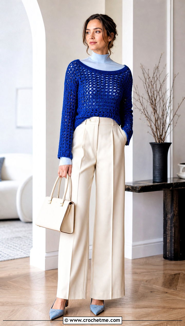 Boatneck Crochet Top Over A Mock Neck Shirt - 30 Crochet Top Layering Outfit ideas