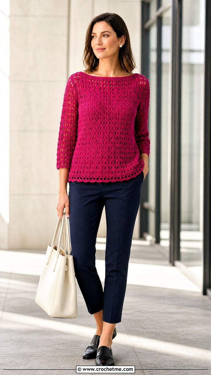 Boatneck Crochet Top With Cigarette Pants - 35 simple crochet tops outfit ideas