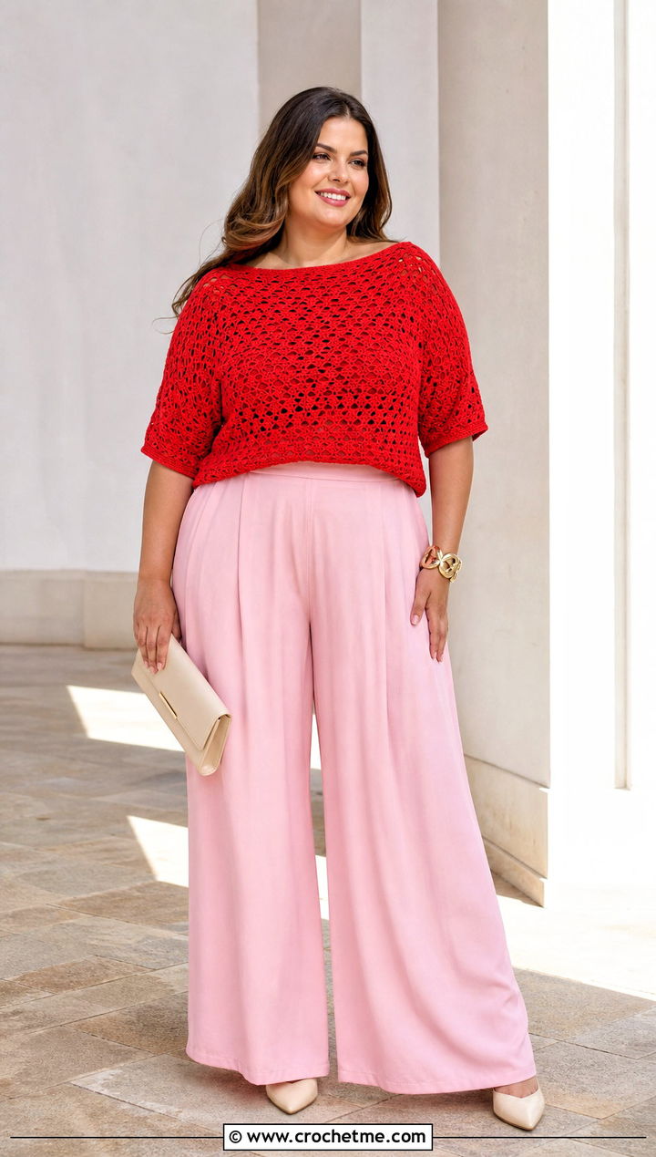 Boatneck Crochet Top With Palazzo Pants - 25 Xxl Crochet Top outfit ideas