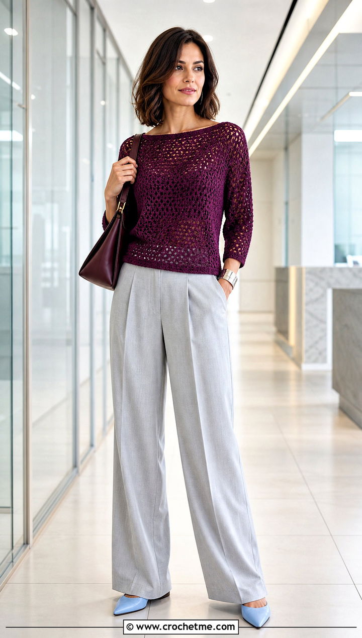 Boatneck Crochet Top With Pleated Trousers - 35 crochet womens tops outfit ideas