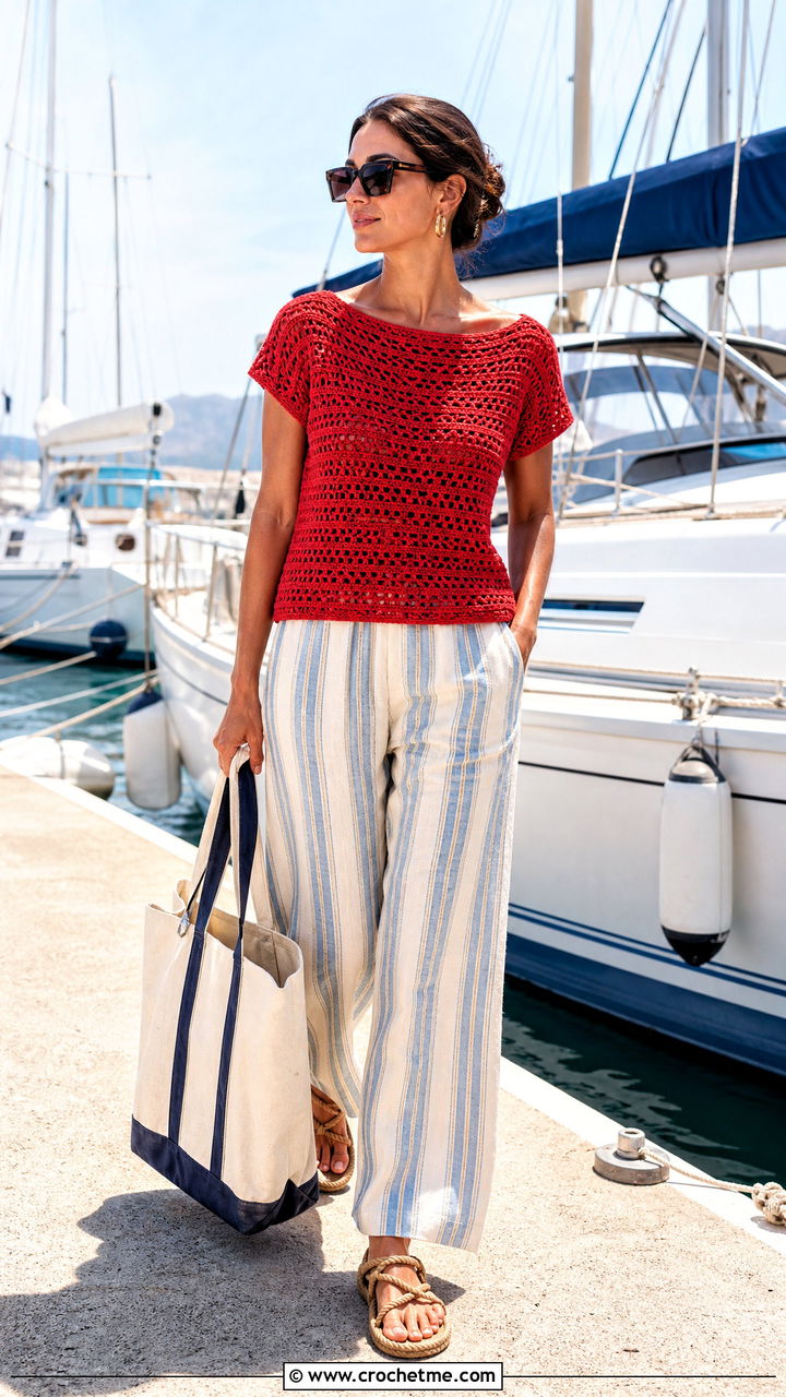 Boatneck Crochet Top With Striped Pants - 35 crochet top beach outfit ideas