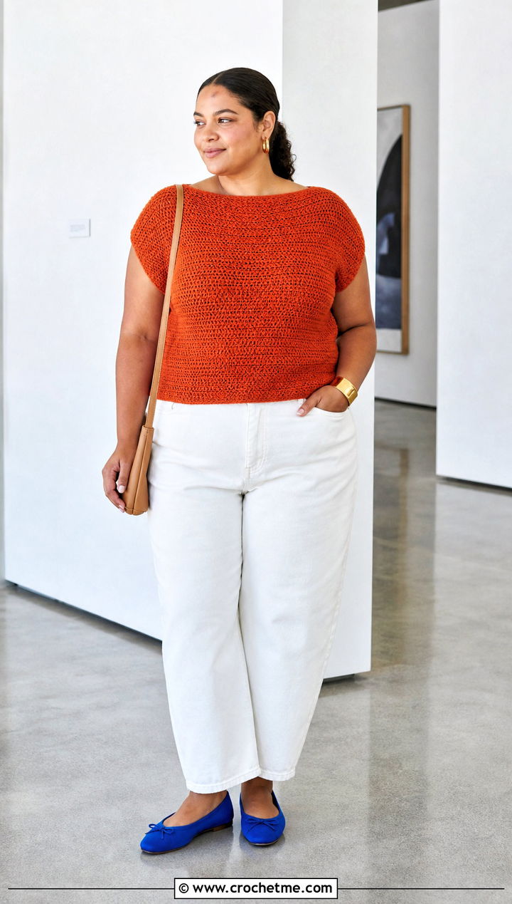 Boatneck Crochet Top With White Barrel Jeans - 25 crochet top for plus size women outfit ideas