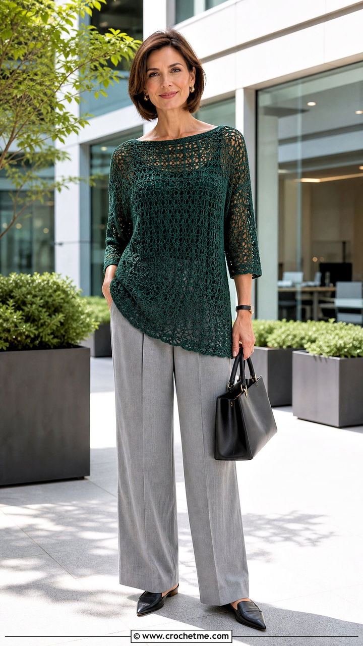Boatneck Crochet Tunic With Pleated Trousers - 35 crochet tunic outfit ideas